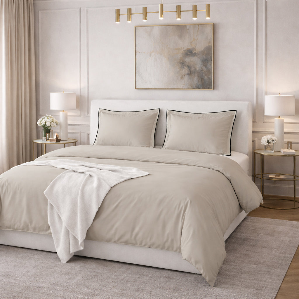 Parure Housse De Couette Talie Uni Beige - 100% Satin De Coton 120Fils - Beige