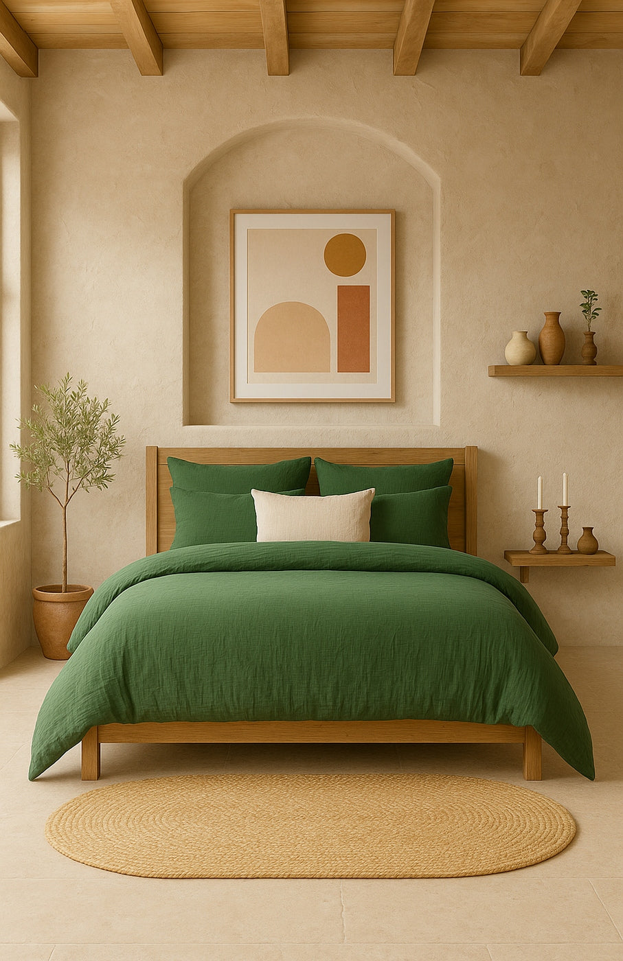 Drap Housse - 100% Gaze De Coton Lavé - Vert Cèdre
