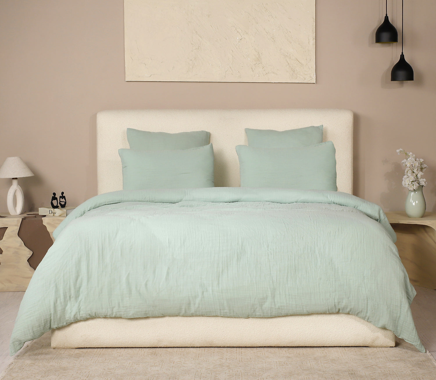 Parure De Couette 3 Pcs 100% Gaze De Coton Lavé Vert Givrée