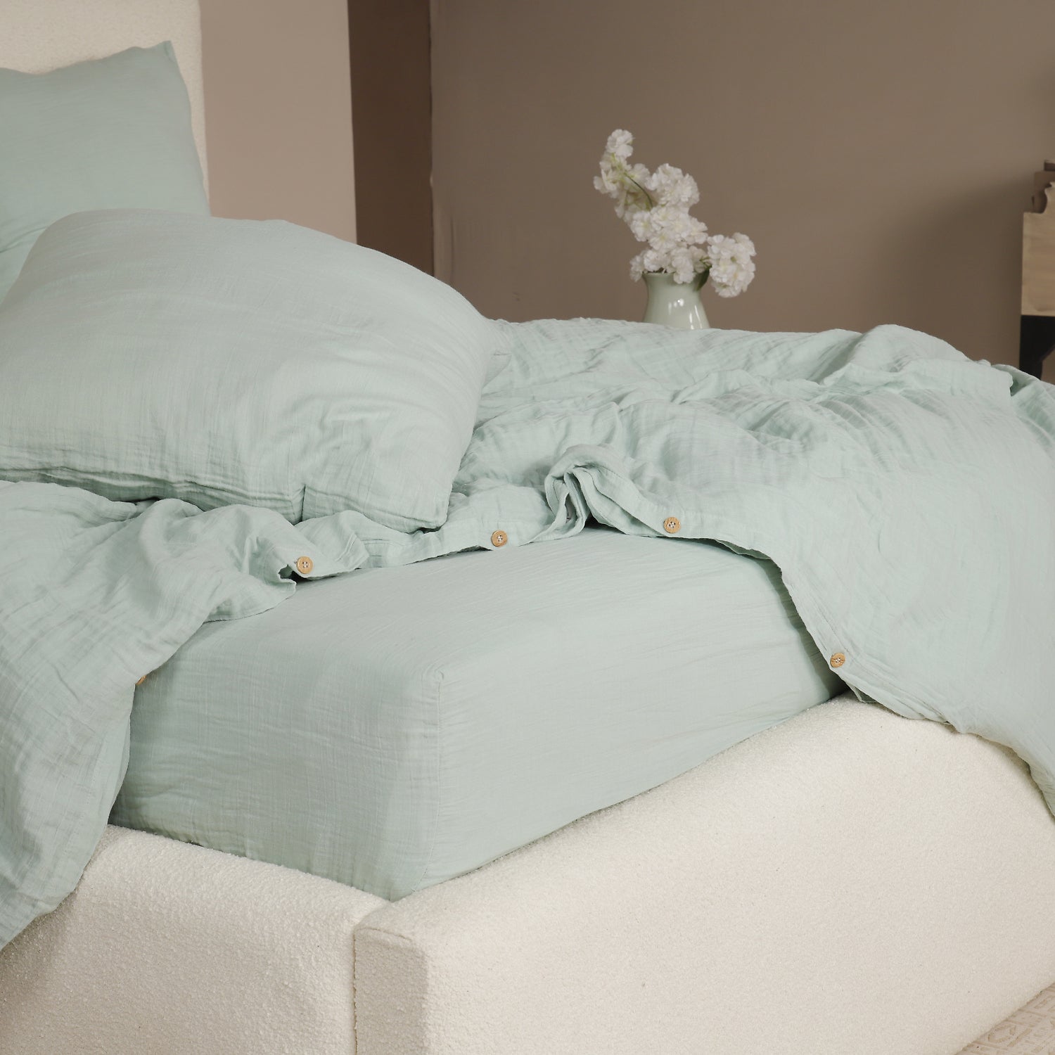 Parure De Couette 3 Pcs 100% Gaze De Coton Lavé Vert Givrée