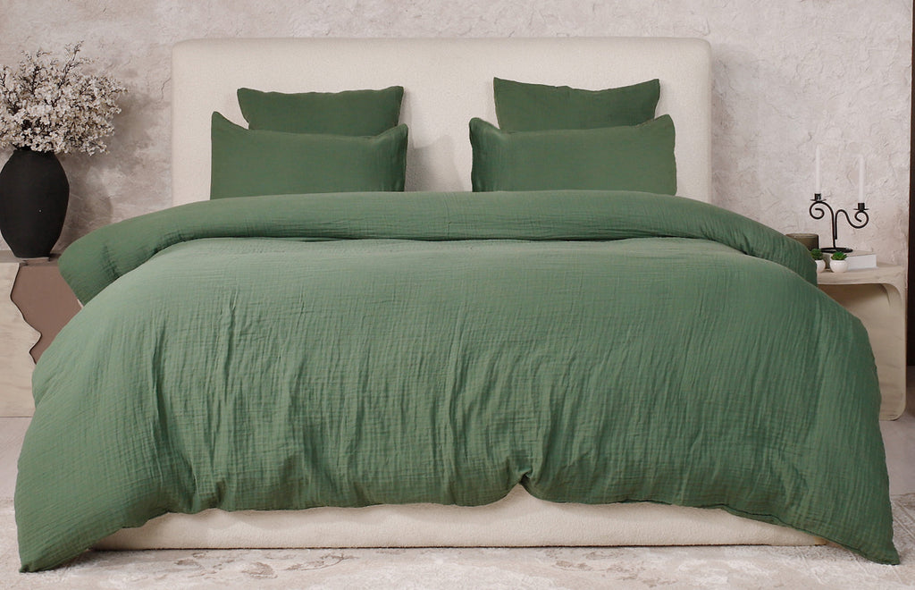 Parure De Couette 3 Pcs 100% Gaze De Coton Lavé Vert Cèdre