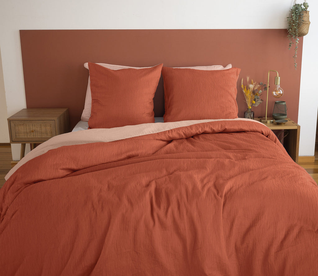 Parure Housse De Couette 100% Microfibre Lavée Et Gaufré , Aurore - Terre De Sienne