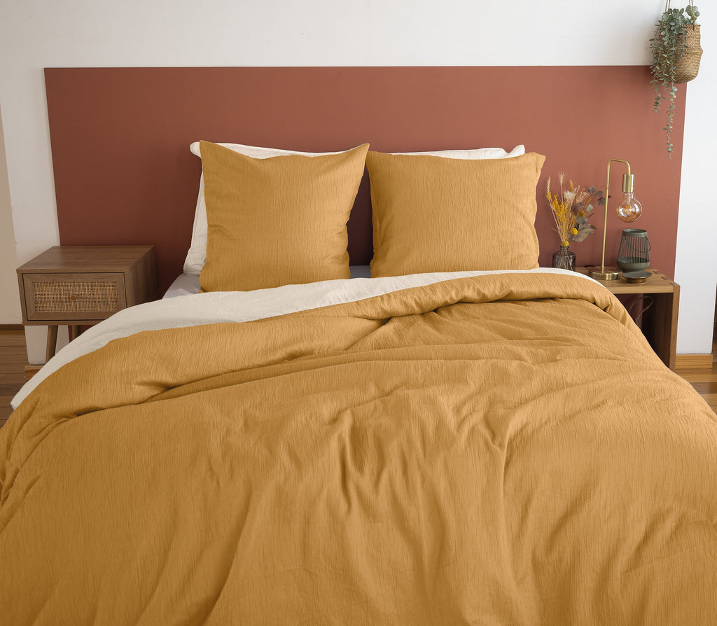 Parure Housse De Couette 100% Microfibre Lavée Et Gaufré , Soleil - Sable