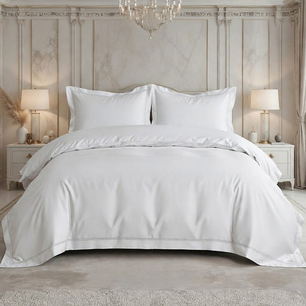 Parure Housse De Couette 3 Pcs En Satin De Coton 120 Fils Brodé Blanc