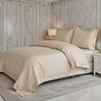 Parure Housse De Couette 3 Pcs En Satin De Coton 120 Fils Brodé Beige