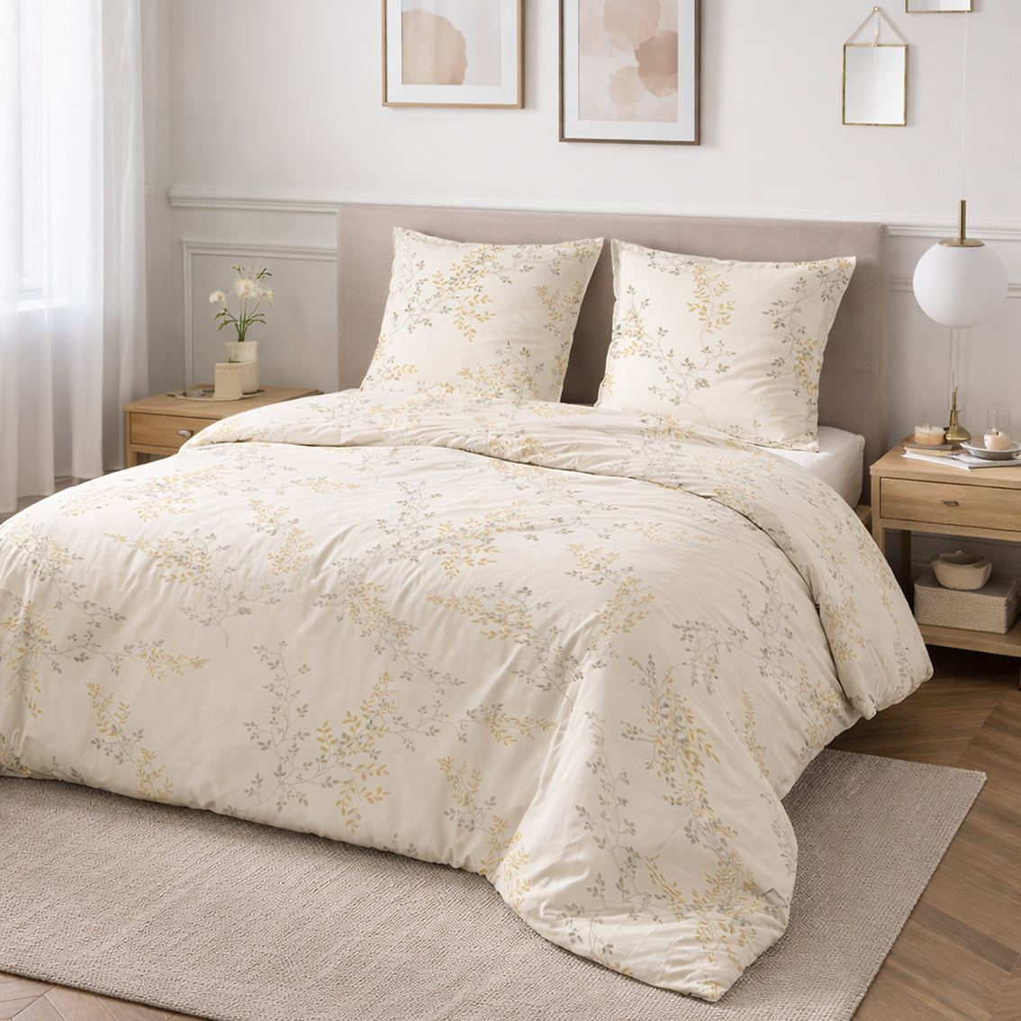 Parure Housse De Couette 3Pcs 100% Satin De Coton 120 Fils Thea - Blanche - Imprimé