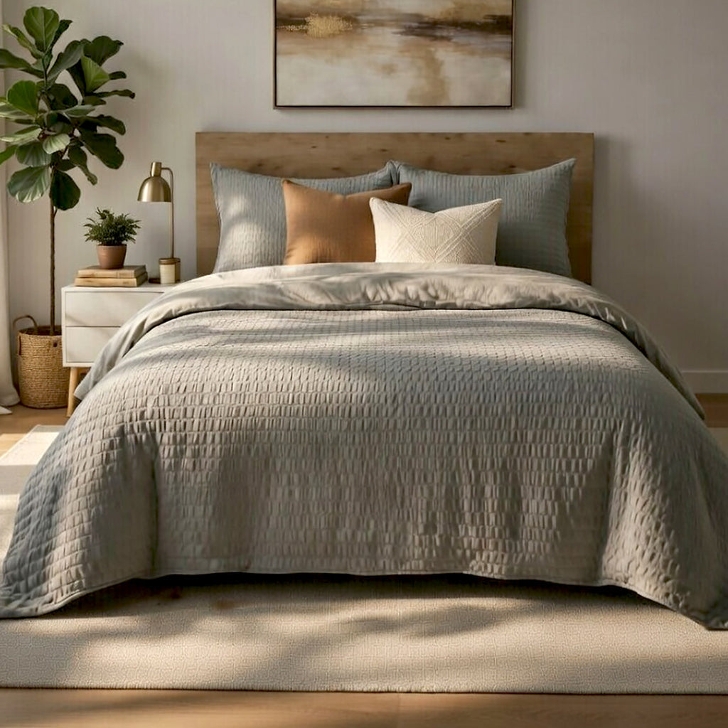 Parure Housse De Couette 3Pcs 100% Seersucker Victoria - Grise