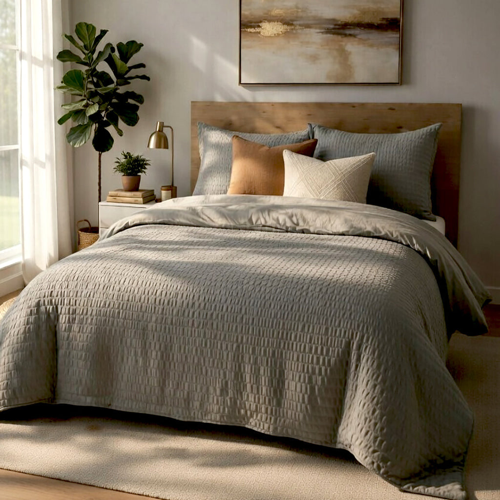 Parure Housse De Couette 3Pcs 100% Seersucker Victoria - Grise