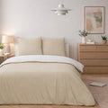 Parure Housse De Couette Bicolore 3Pcs 100% Coton Lavé Vicky - Blanche Et Beige