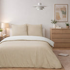 Parure Housse De Couette Bicolore 3Pcs 100% Coton Lavé Vicky - Blanche Et Beige