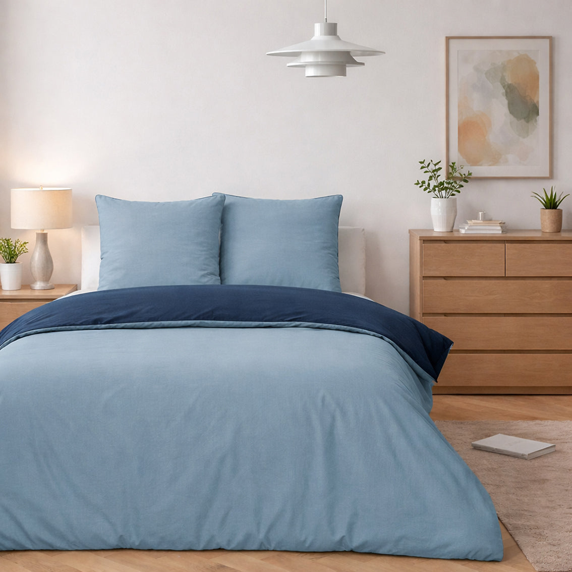 Parure Housse De Couette Bicolore 2Pcs 100% Coton Lavé Vicky - Bleu Et Navy - Bleu Foncé