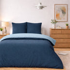 Parure Housse De Couette Bicolore 2Pcs 100% Coton Lavé Vicky - Bleu Et Navy - Bleu Foncé