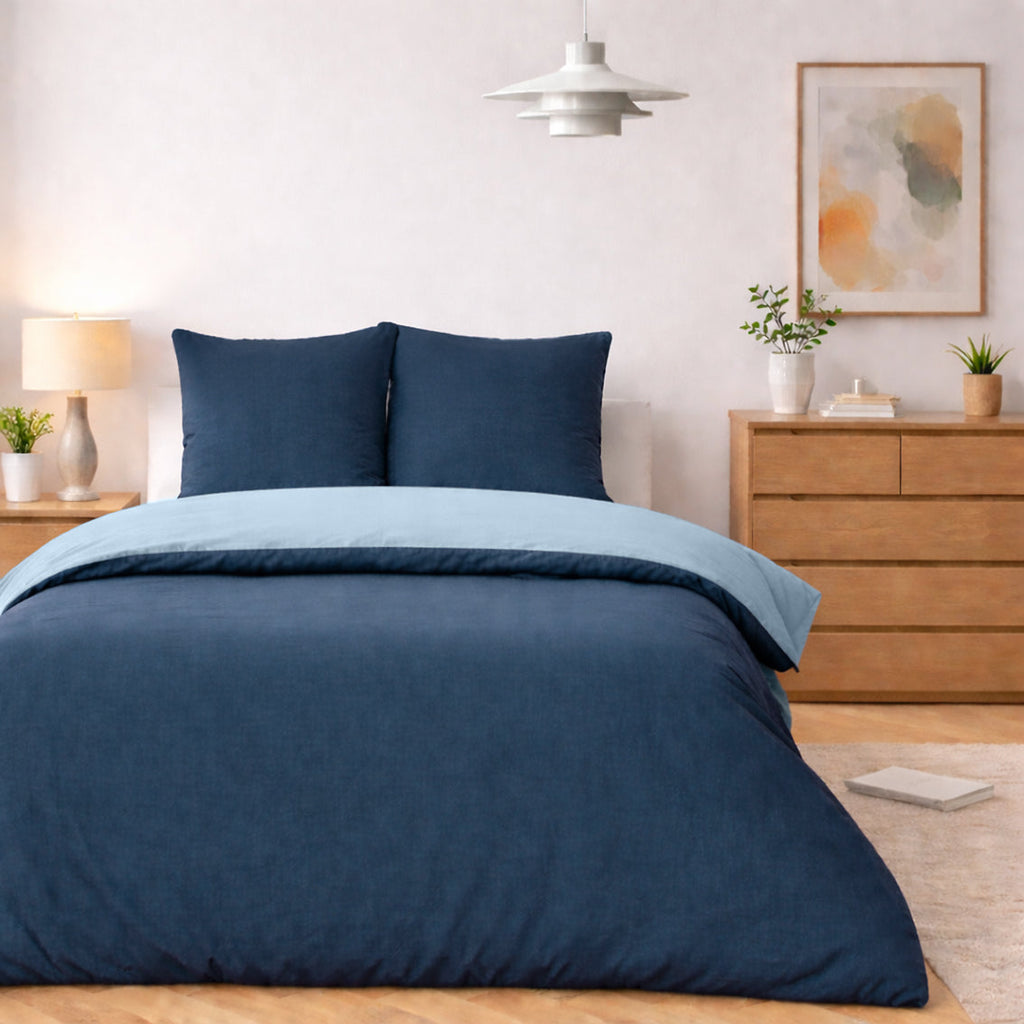Parure Housse De Couette Bicolore 3Pcs 100% Coton Lavé Vicky - Bleu Et Navy - Bleu Foncé