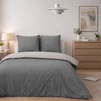Parure Housse De Couette Bicolore 3Pcs 100% Coton Lavé Vicky - Grise Et Galet