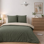 Parure Housse De Couette Bicolore 3Pcs 100% Coton Lavé Vicky - Kaki Et Beige
