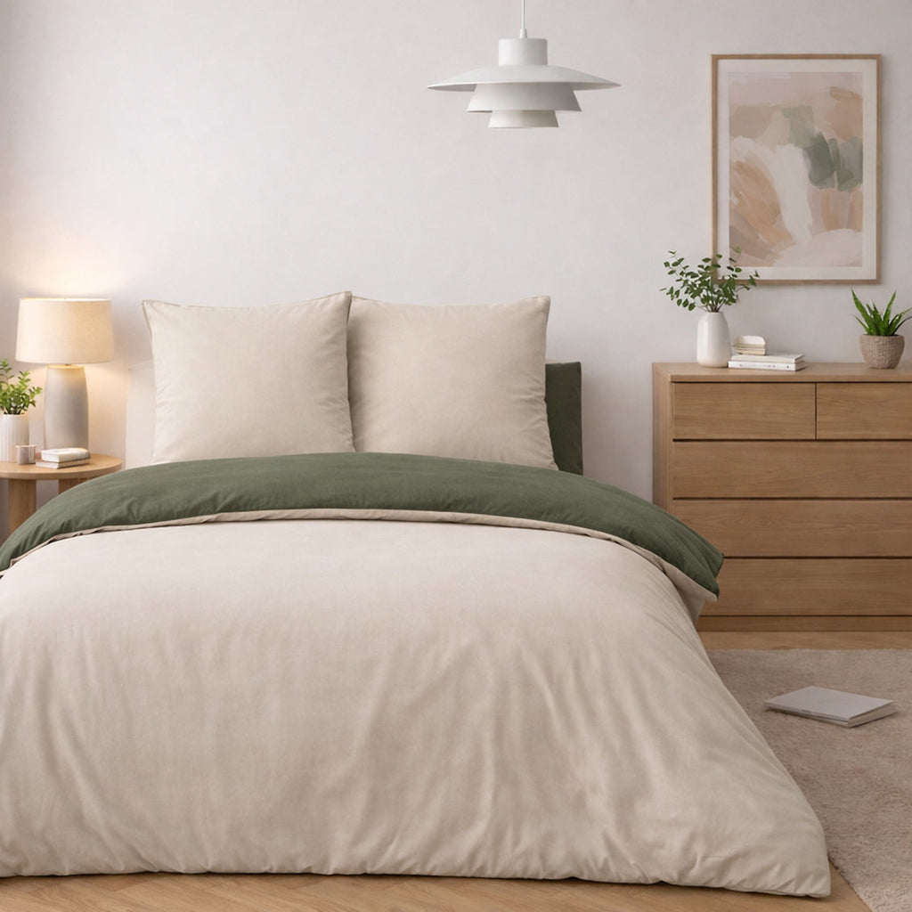 Parure Housse De Couette Bicolore 3Pcs 100% Coton Lavé Vicky - Kaki Et Beige