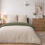 Parure Housse De Couette Bicolore 3Pcs 100% Coton Lavé Vicky - Kaki Et Beige
