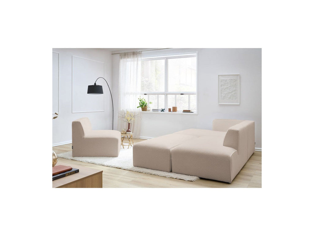 Megeve - Canapé D'Angle Fixe Modulable - Tissu Bouclette - Avec 1 Chauffeuse Et 1 Pouf - Angle Gauche