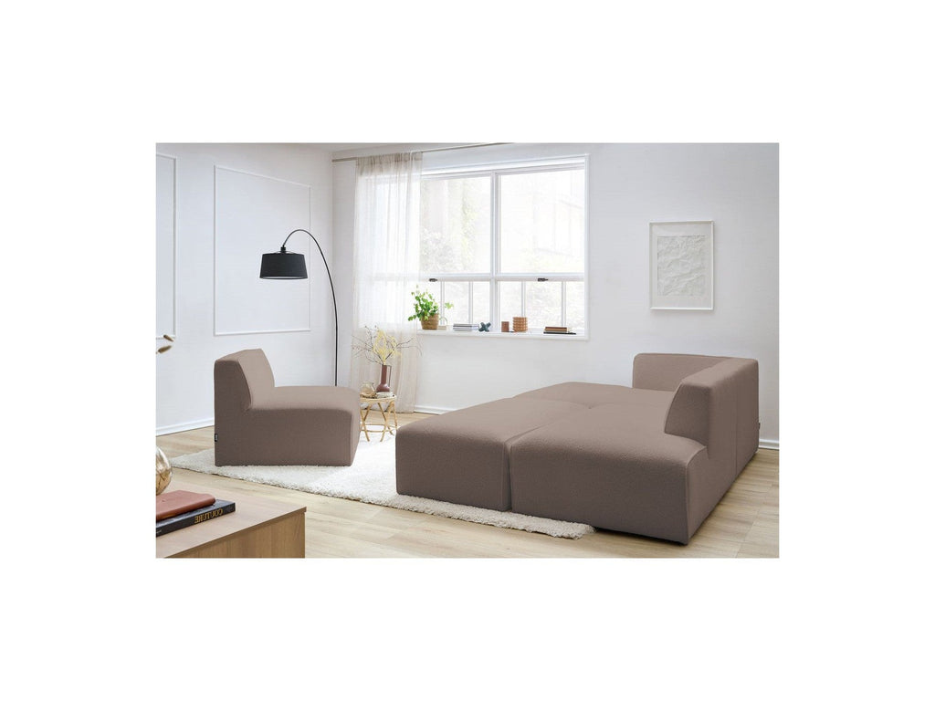 Megeve - Canapé D'Angle Fixe Modulable - Tissu Bouclette - Avec 1 Chauffeuse Et 1 Pouf - Angle Gauche
