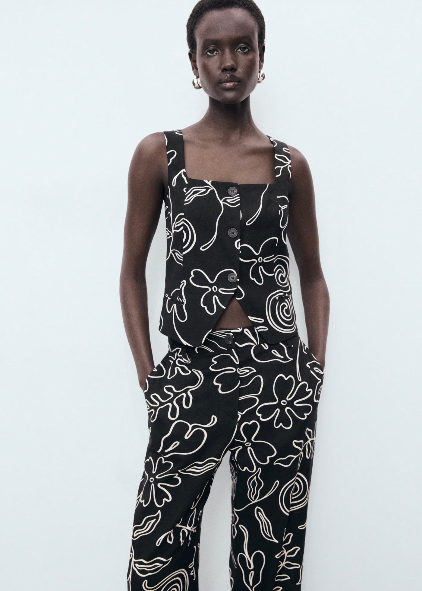 Pantalon Lin Mélangé Imprimé À Fleurs