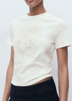 T-Shirt Coton Broderie À Fleurs