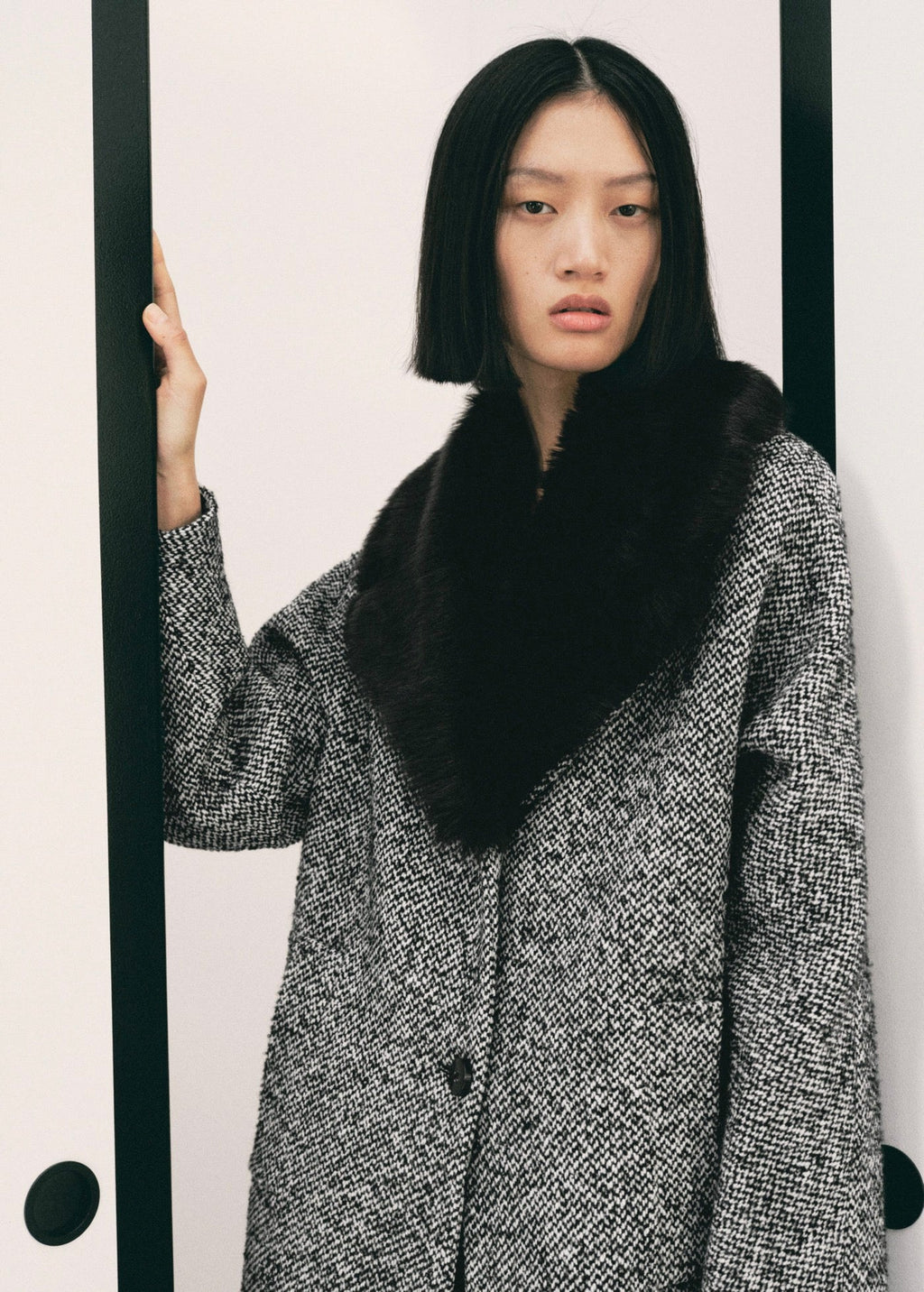 Manteau Chiné Col Fausse Fourrure
