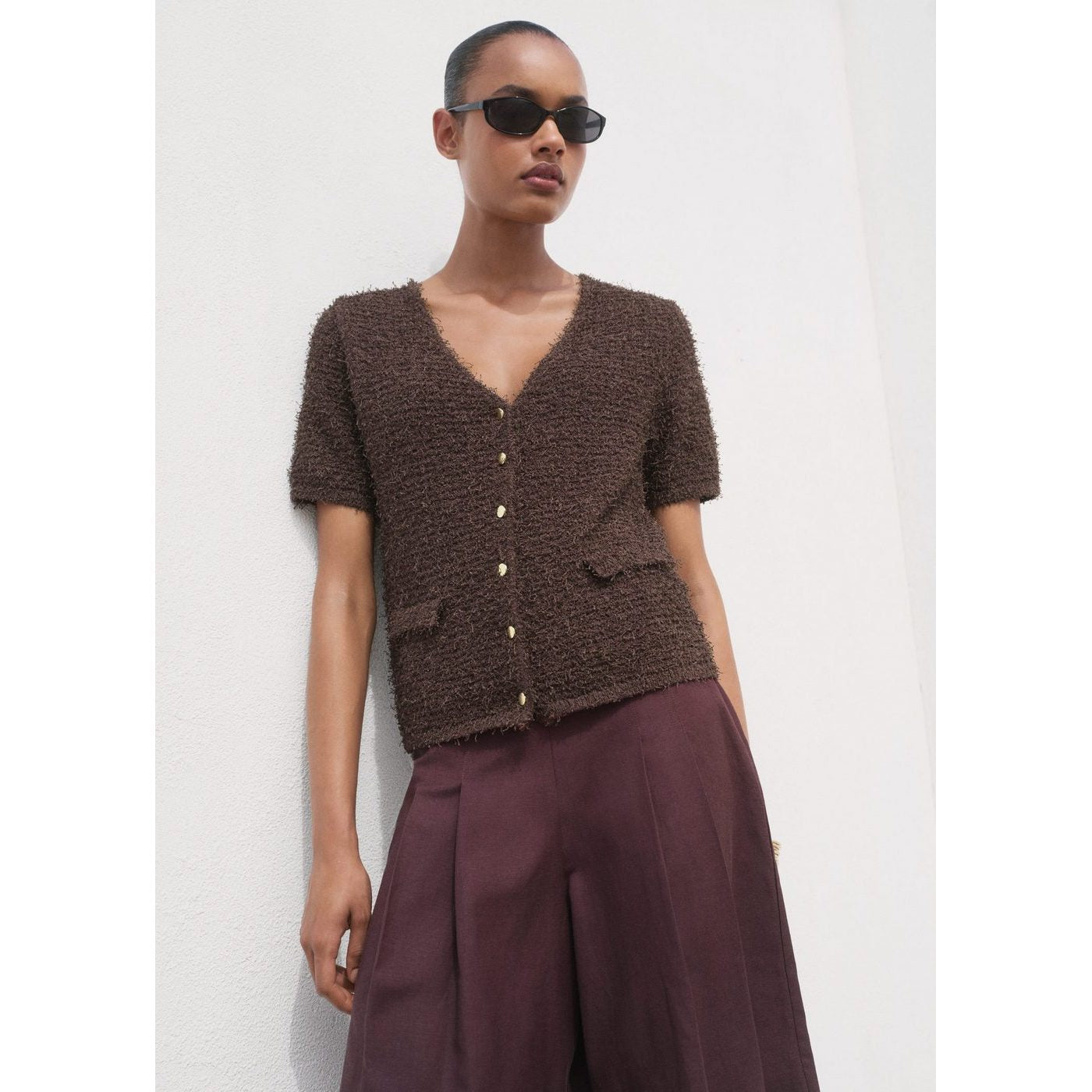 Cardigan En Maille Bouclée Manches Courtes