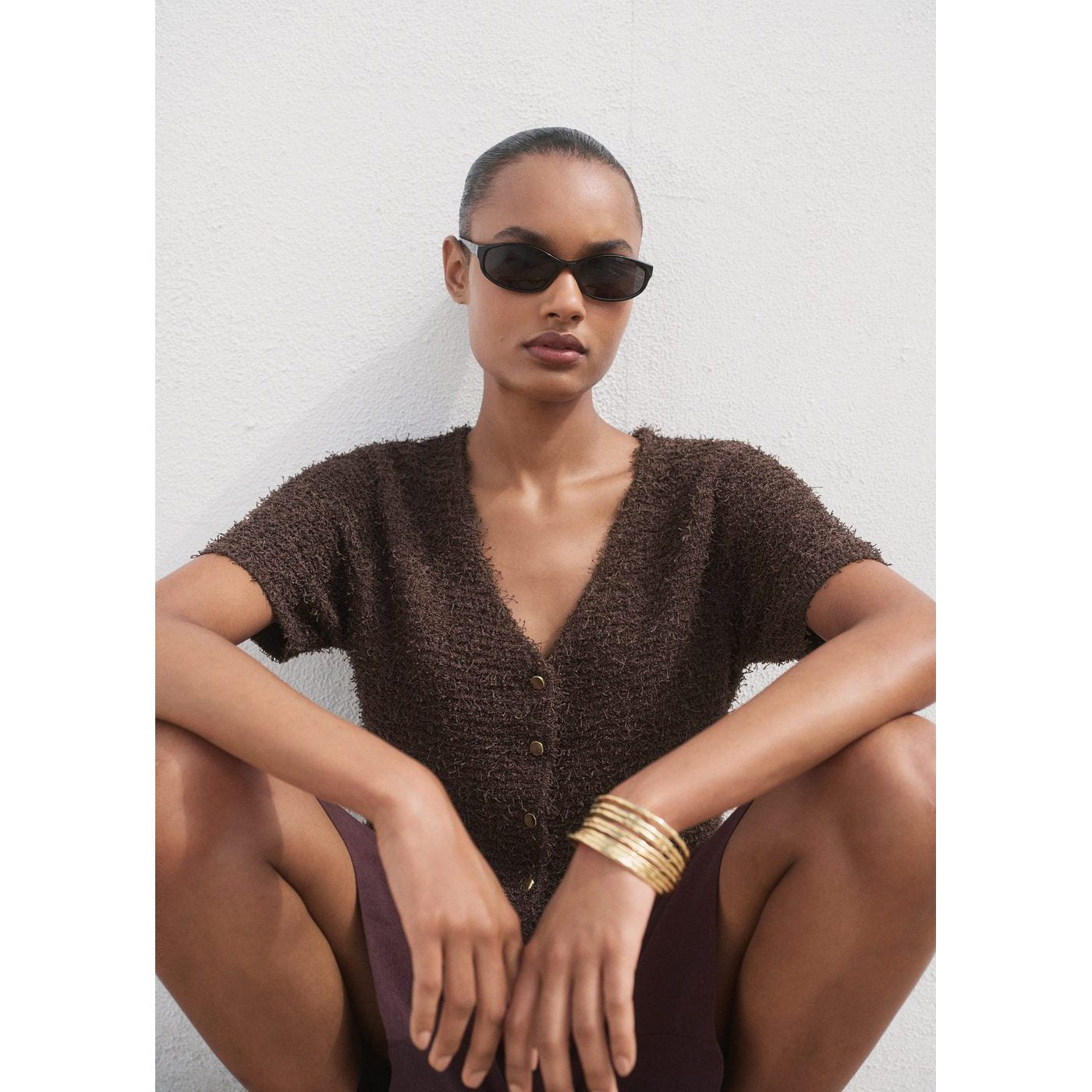 Cardigan En Maille Bouclée Manches Courtes