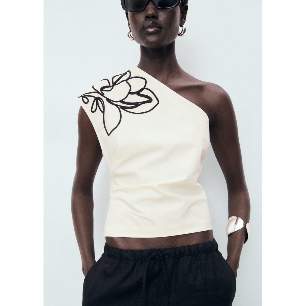 Top Asymétrique Brodé Fleurs