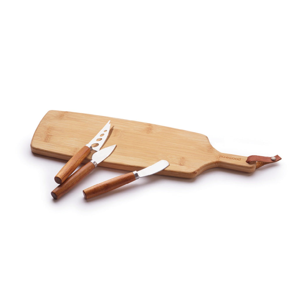 Planche À Découper Rectangulaire Avec Poignée + Set De 3 Couteaux À Fromage - Bambou - Bois