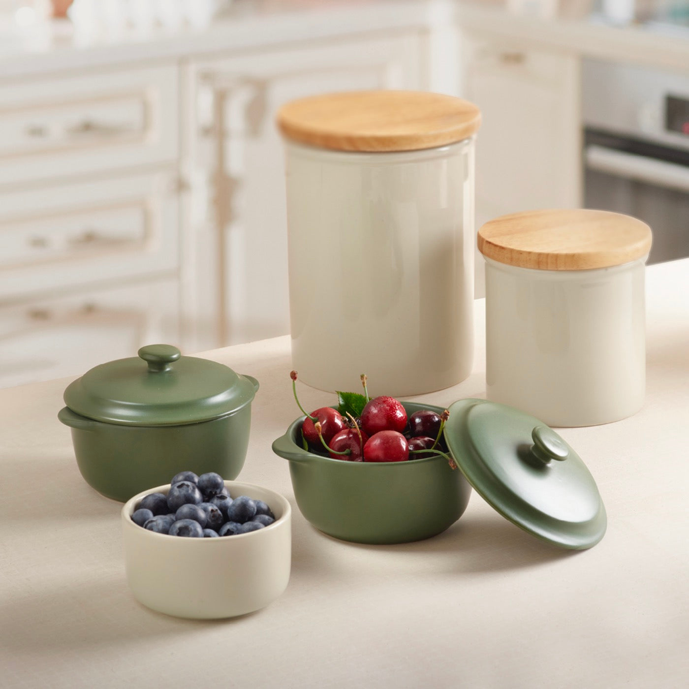 Set De 2 Bocaux De Conservation Avec Couvercle En Bambou - Crème