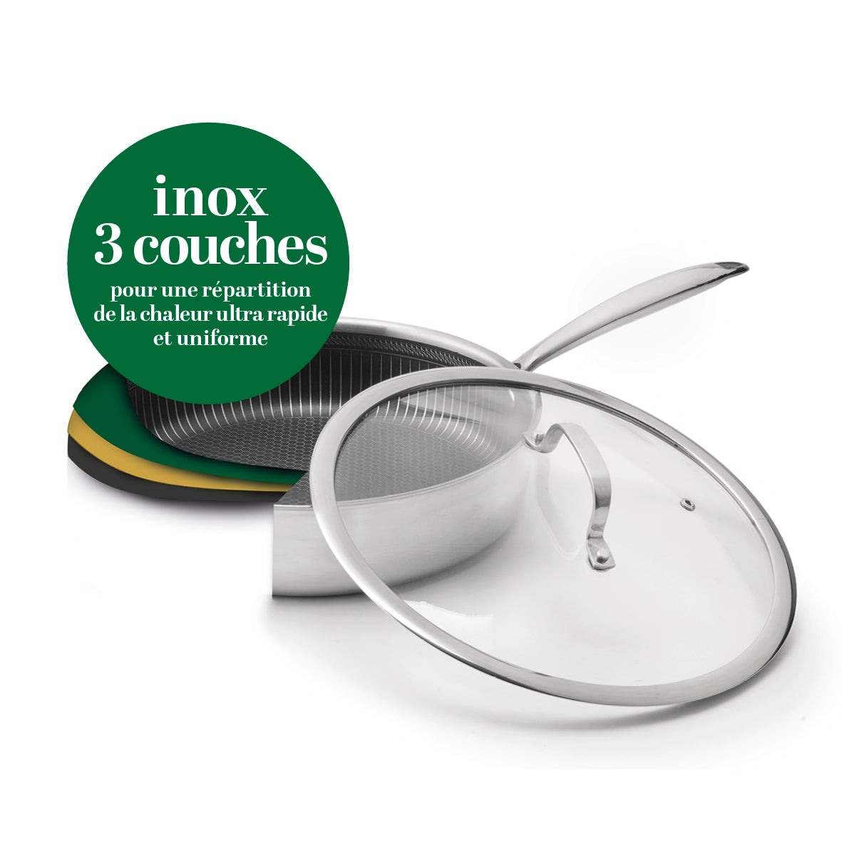 Sauteuse En Acier Inoxydable Triply Revêtement Nid D'Abeille Anti-Adhésif 24 Cm - Argenté