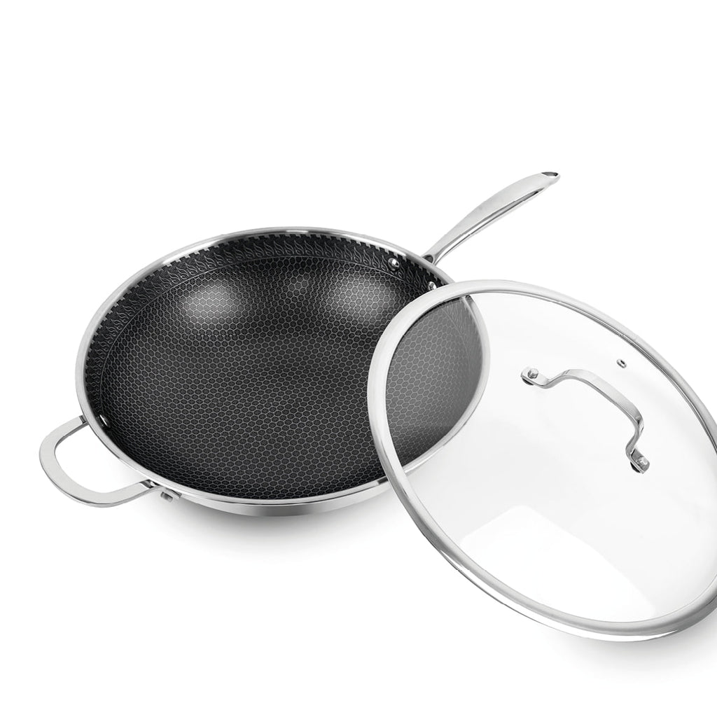 Wok En Acier Inoxydable Triply Revêtement Nid D'Abeille Anti-Adhésif 30 Cm - Argenté