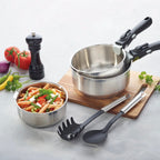 Set De 3 Casseroles En Inox + 3 Poêles + 1 Poignée Amovible + 3 Couvercles Passoires Avec Manche En Inox - Argenté