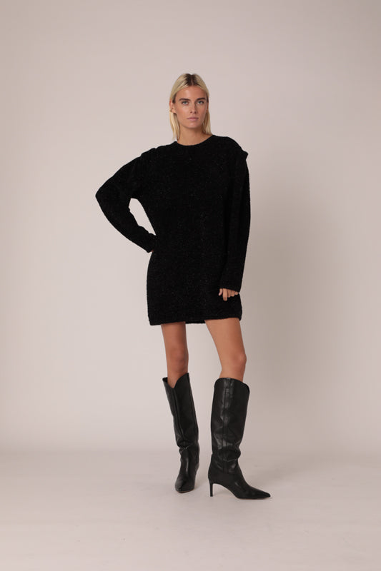 Robe Pull Lurex Pli Epaule - Noir/Silver