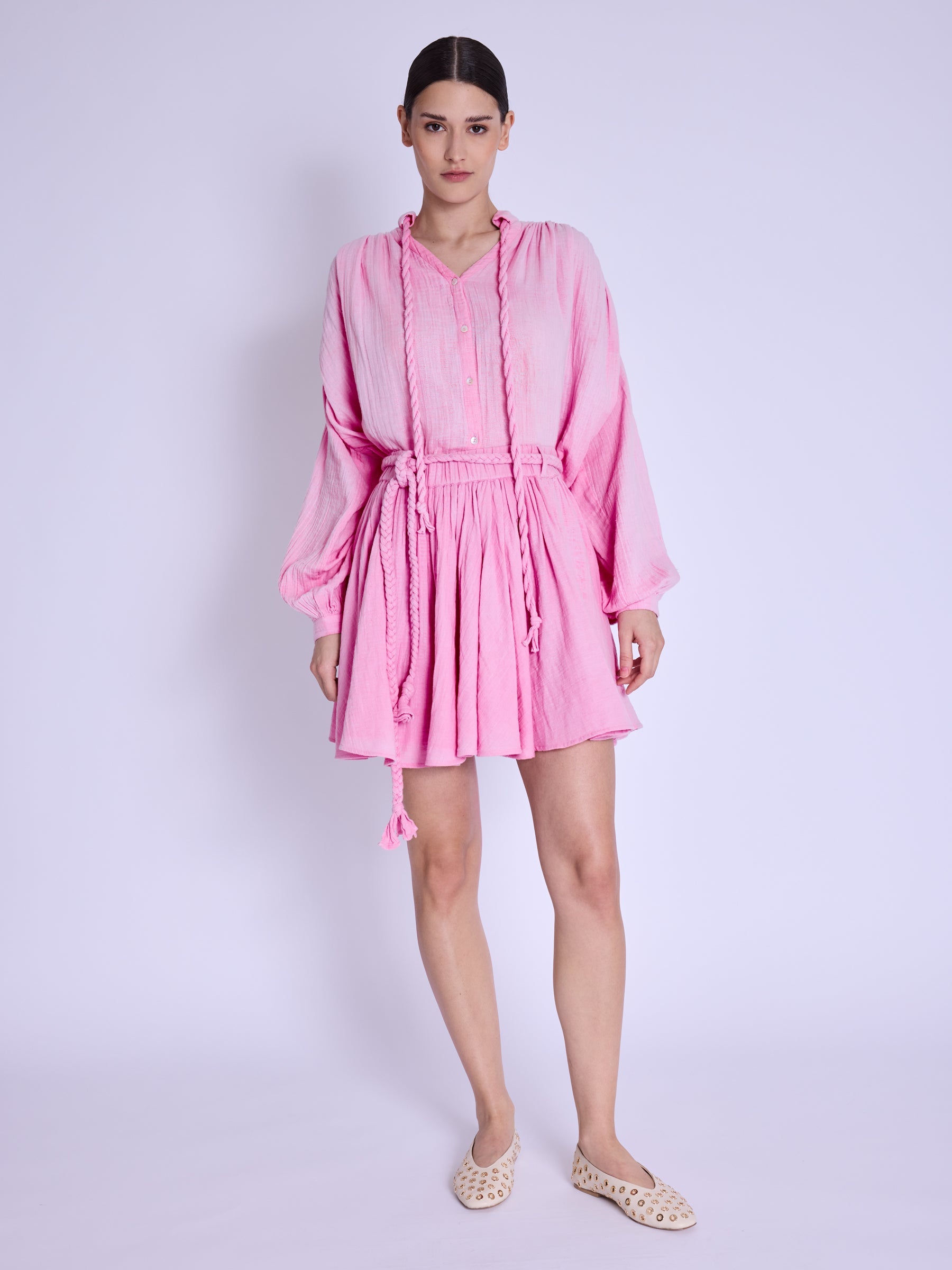 Jupe Courte Ceinture Tressee - Sweet-Pink