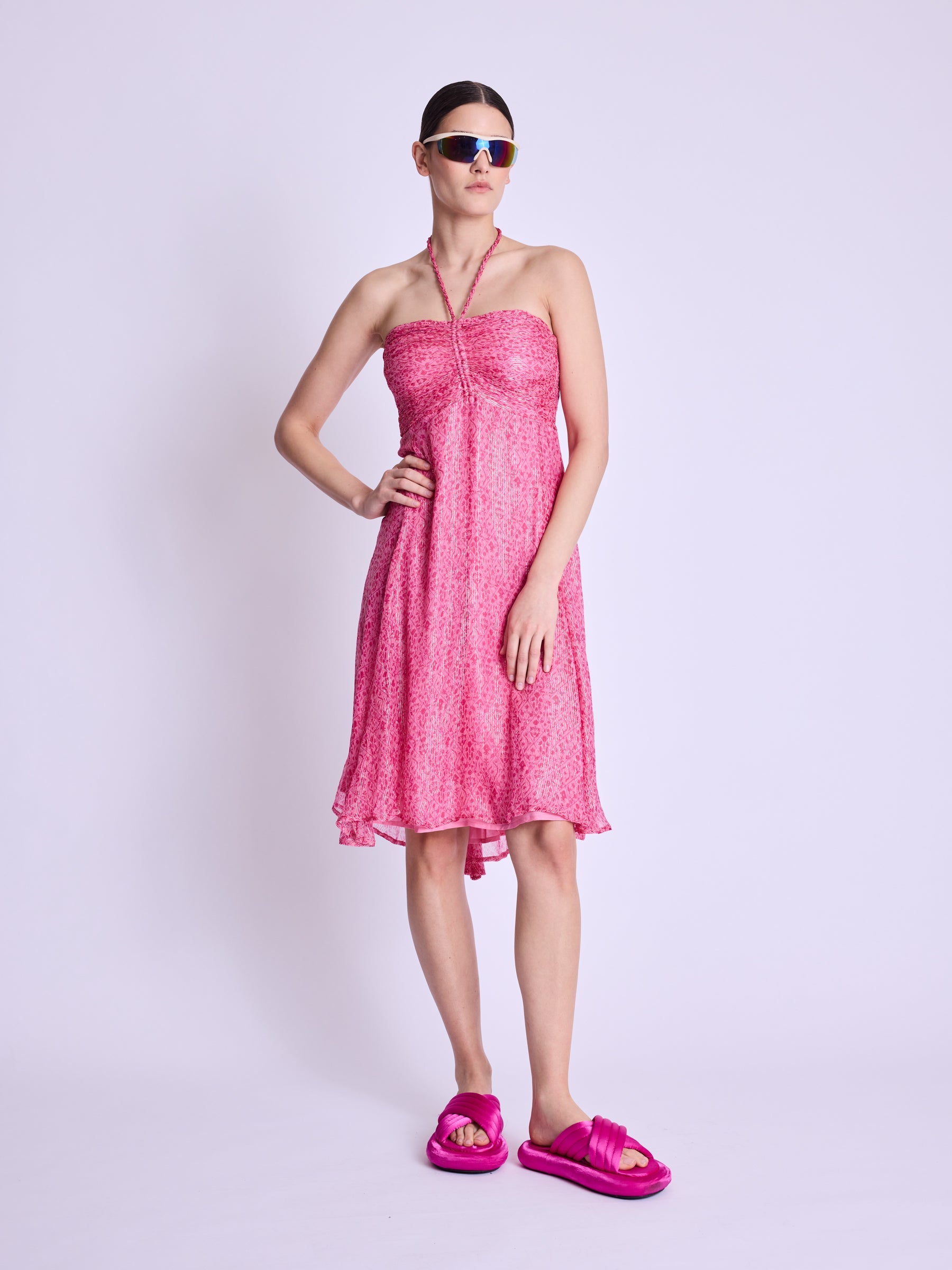 Robe Longue Sans Col - Dahlia-Pink-Print