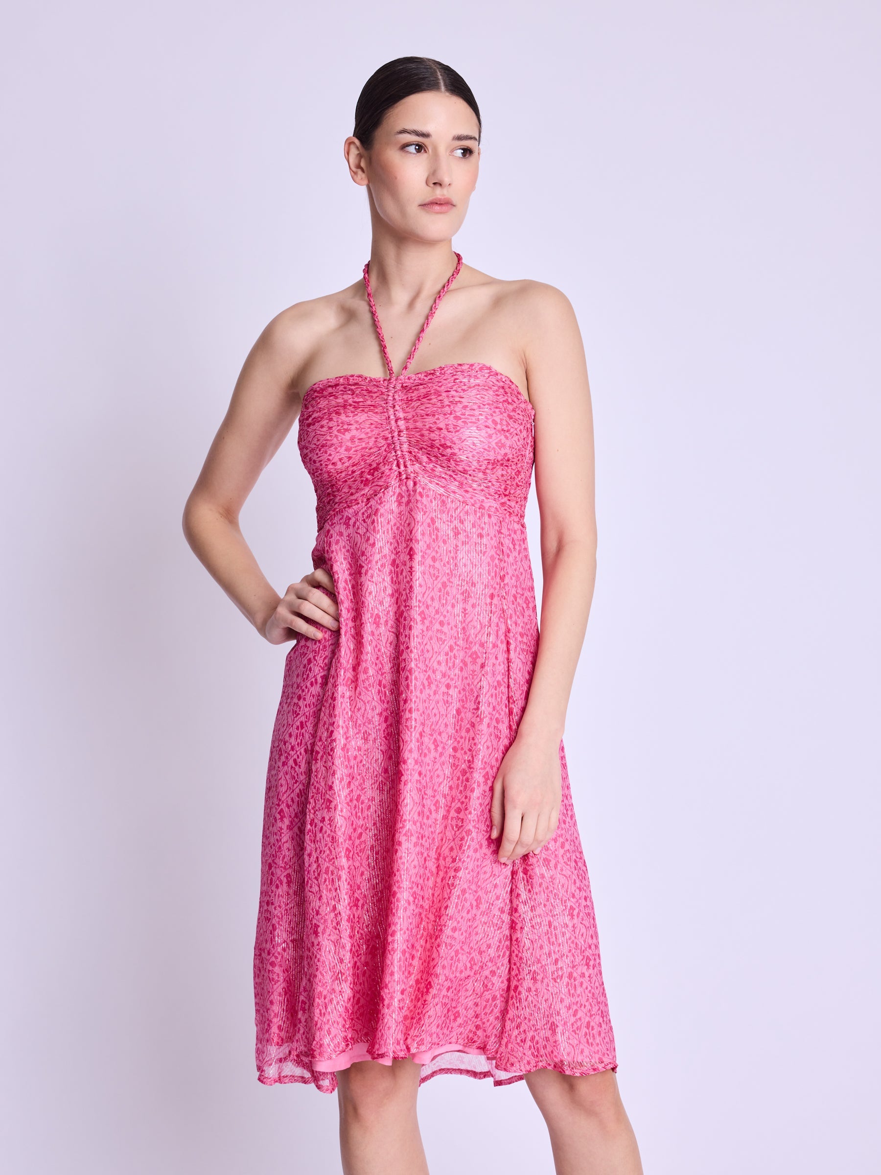 Robe Longue Sans Col - Dahlia-Pink-Print