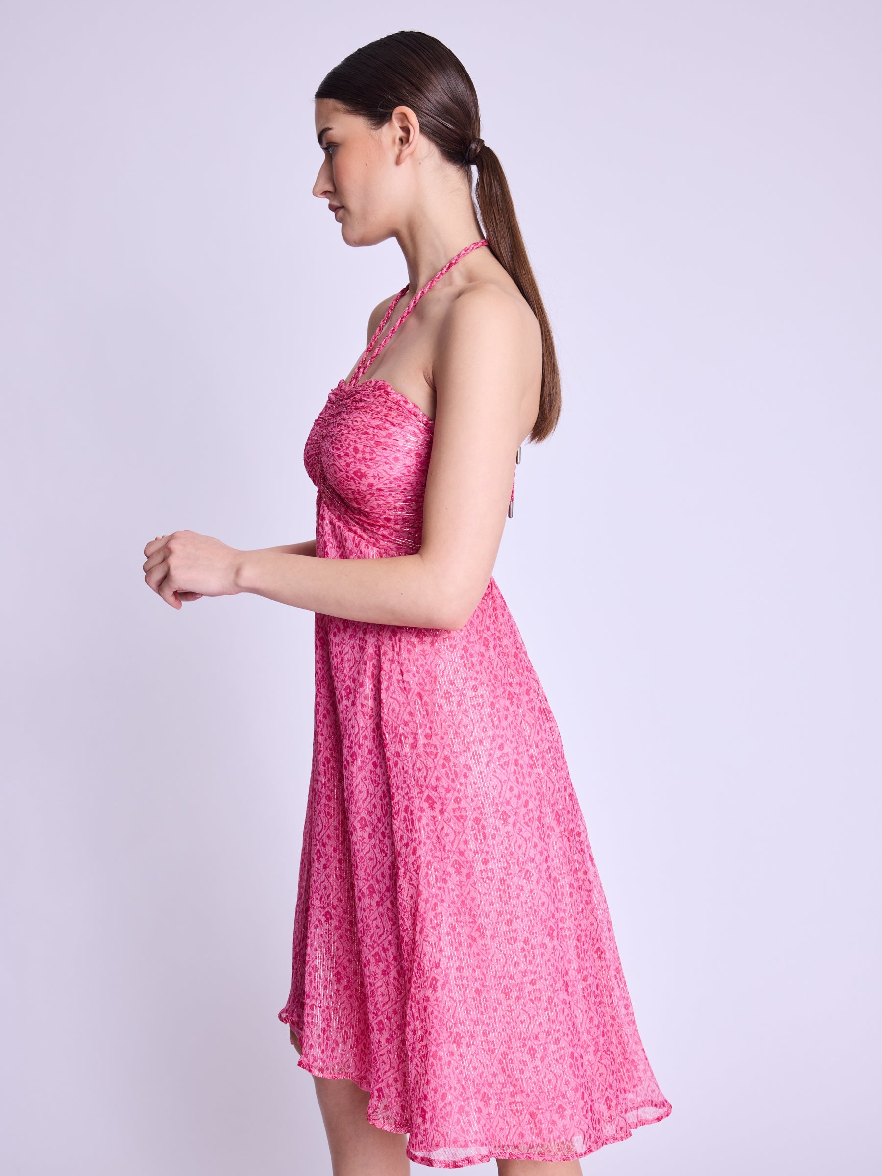 Robe Longue Sans Col - Dahlia-Pink-Print