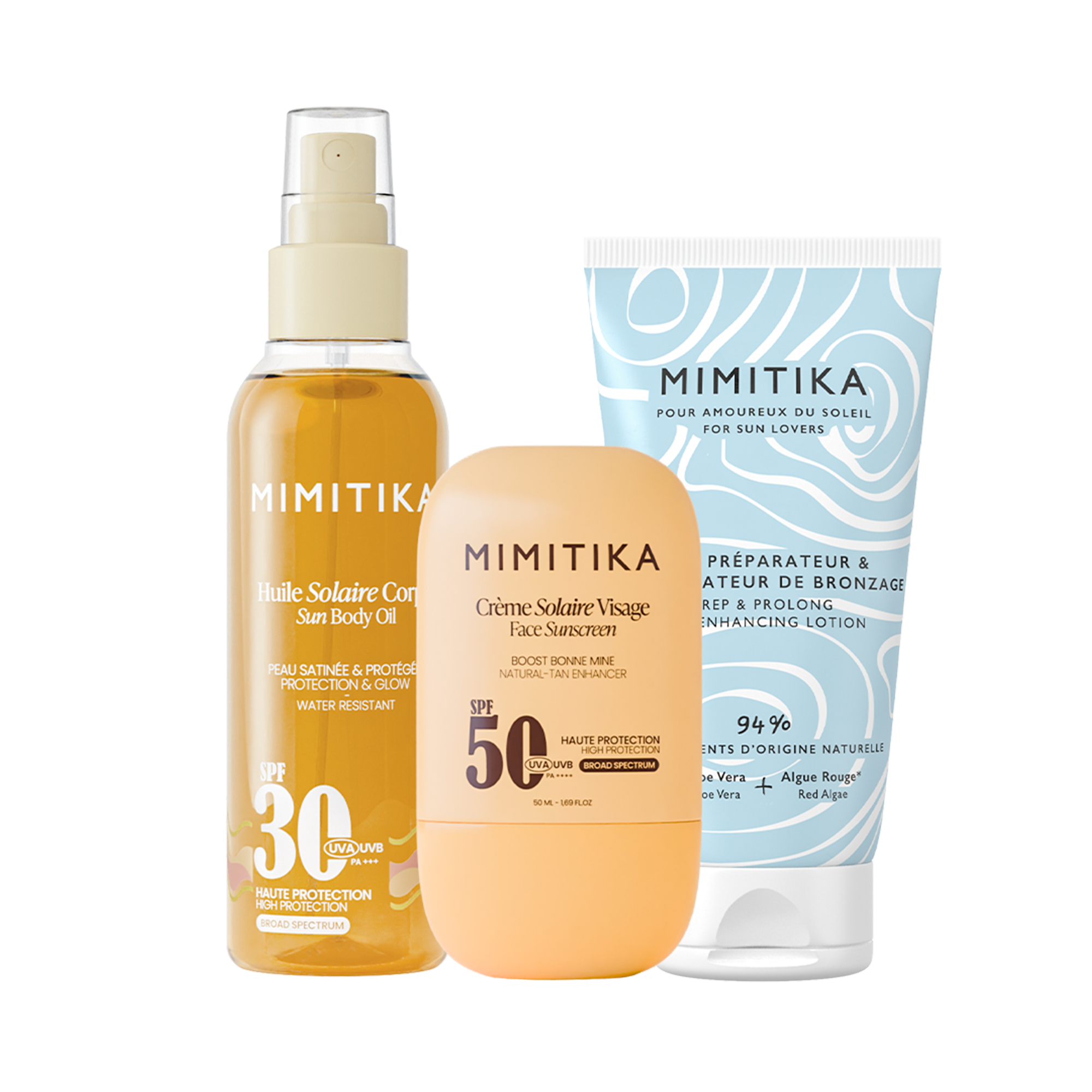TRIO Crème visage SPF50 + Huile solaire SPF30 + Lait Prolongateur de Bronzage