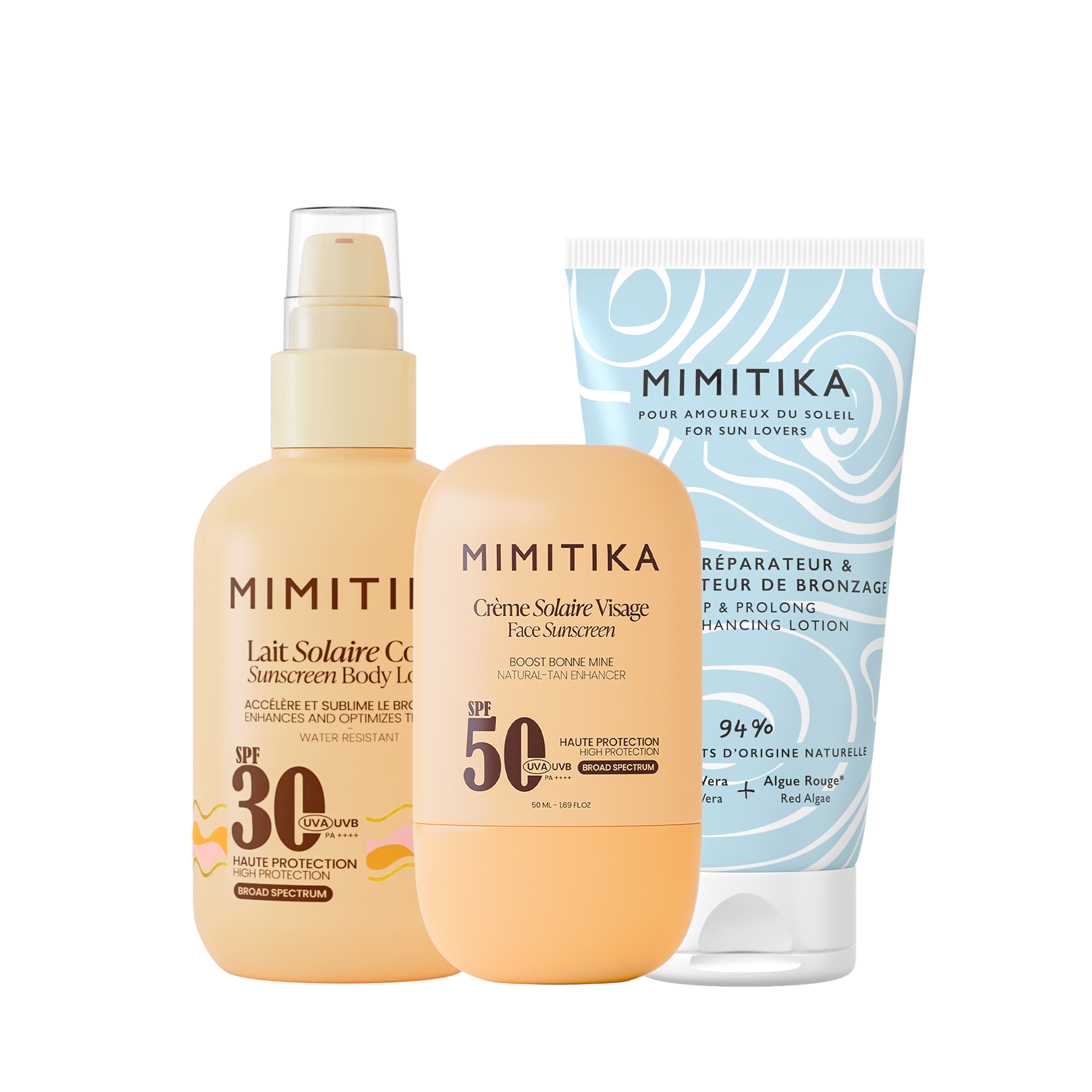 TRIO Lait solaire SPF30 + Crème visage SPF50 + Lait Prolongateur de Bronzage