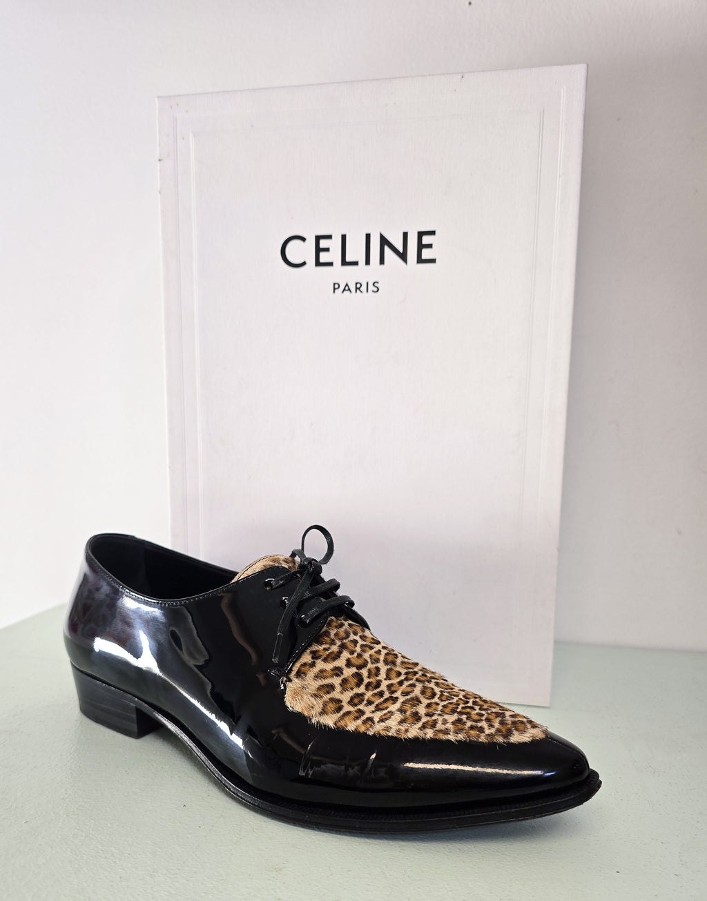Céline Derbies Bout Pointu Vernis Noir & Léopard, Hedi Slimane Ss20
