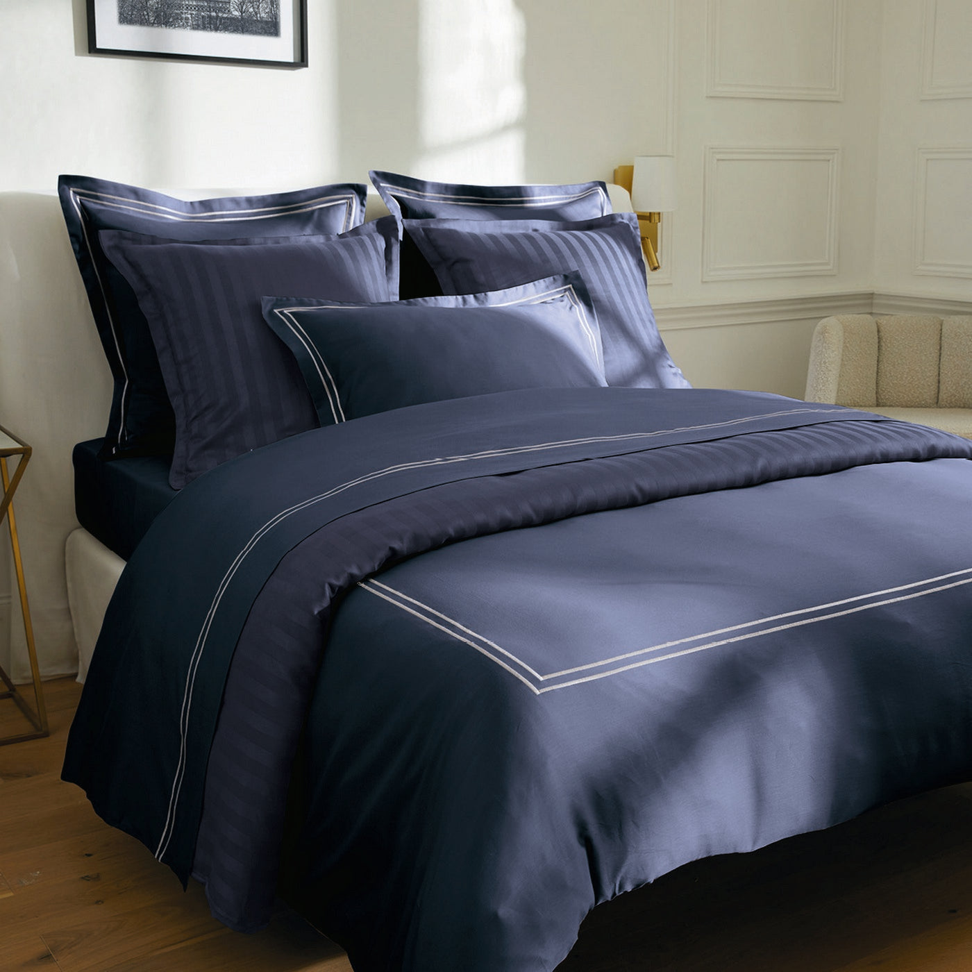 Biarritz - Set De 2 Taies D'Oreiller - Satin De Coton - Blanc / Bleu Fonce