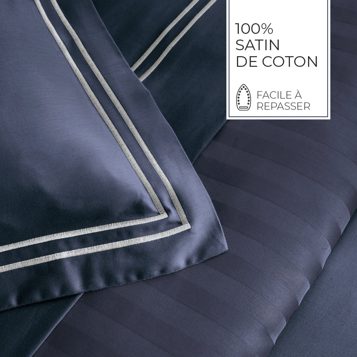 Biarritz - Drap Plat - Satin De Coton - Blanc / Bleu Fonce