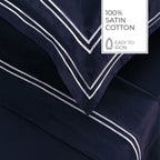 Biarritz - Ensemble De Draps - Satin De Coton - Blanc / Bleu Fonce