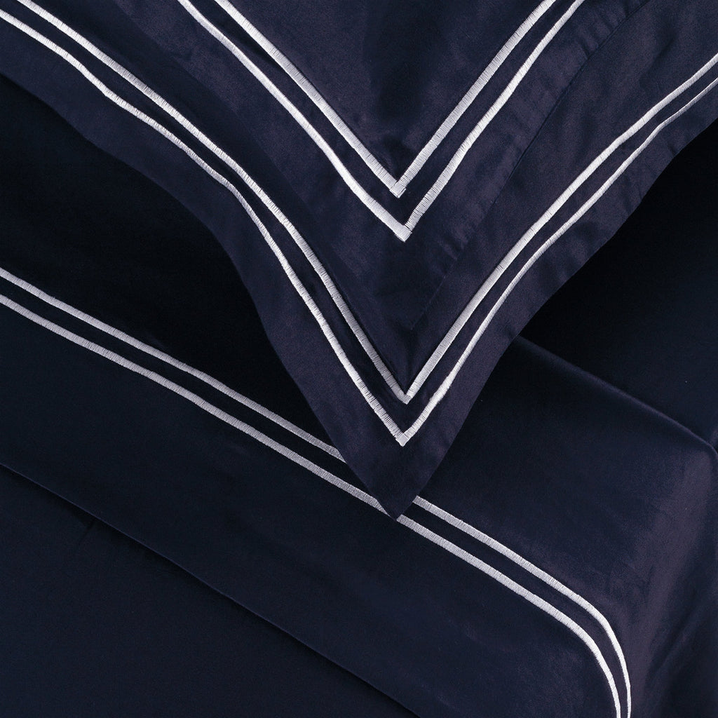 Biarritz - Ensemble De Draps - Satin De Coton - Blanc / Bleu Fonce