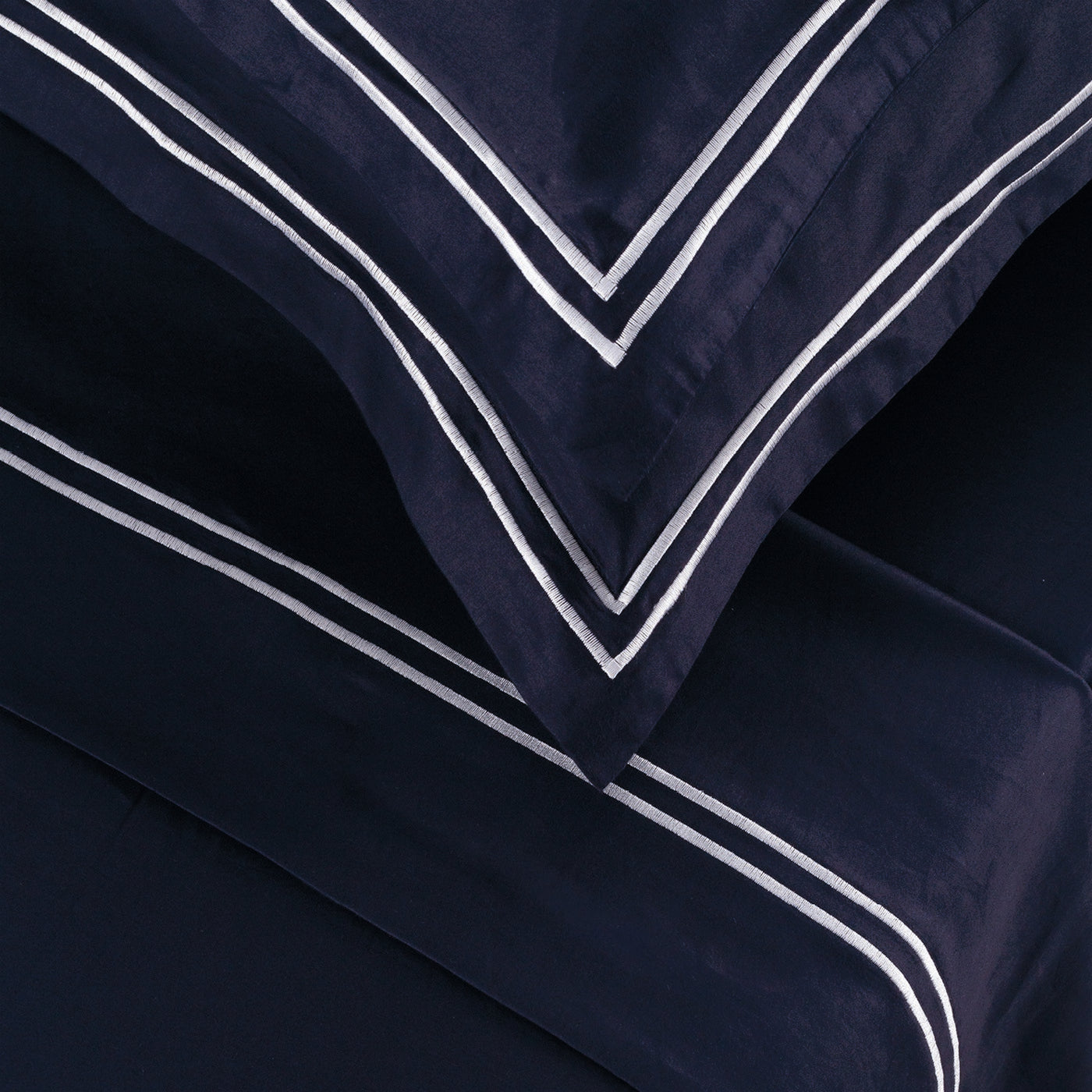 Biarritz - Ensemble De Draps - Satin De Coton - Blanc / Bleu Fonce