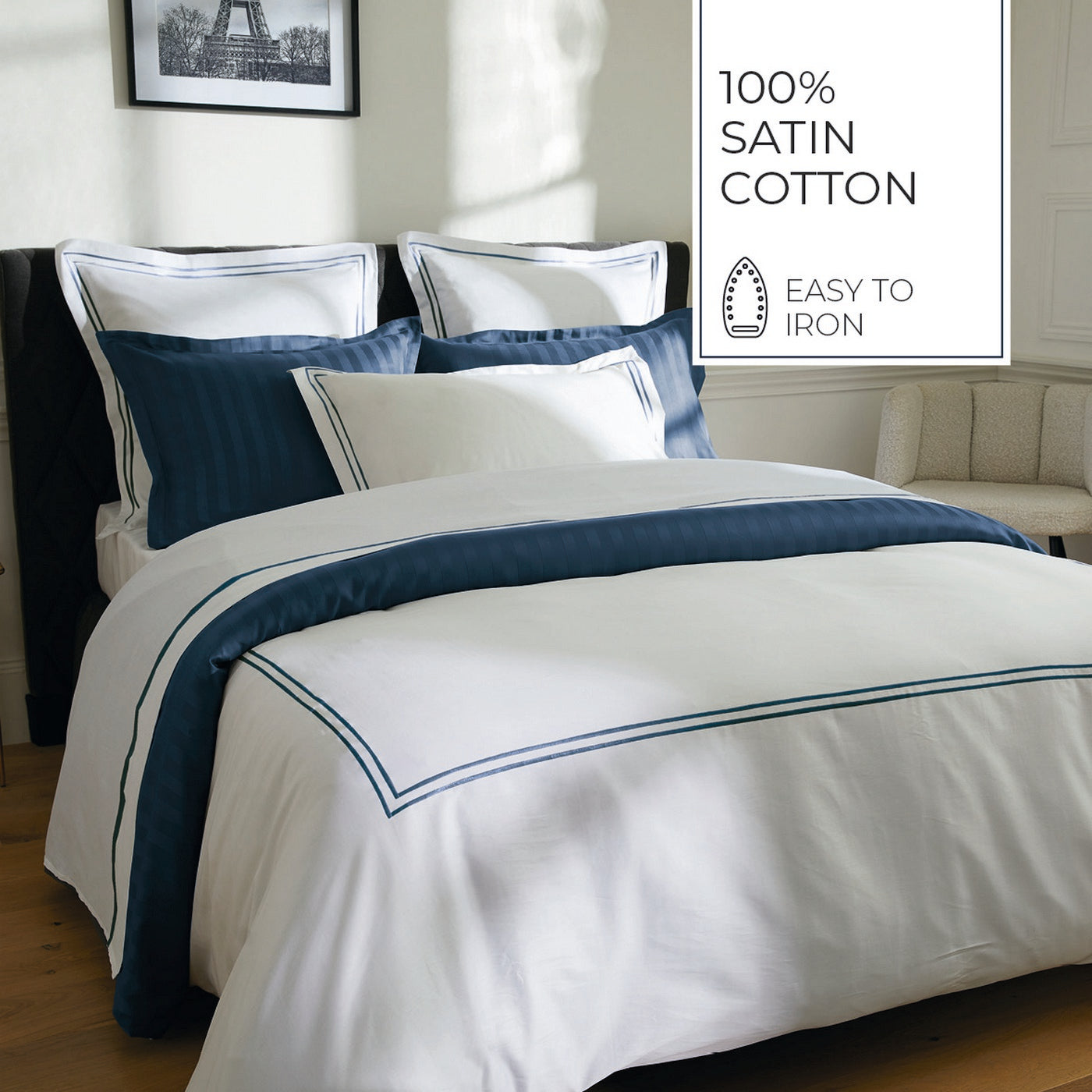 Biarritz - Housse De Couette + 1 Ou 2 Taie(S) D'Oreiller - Satin De Coton - Bleu Fonce / Blanc