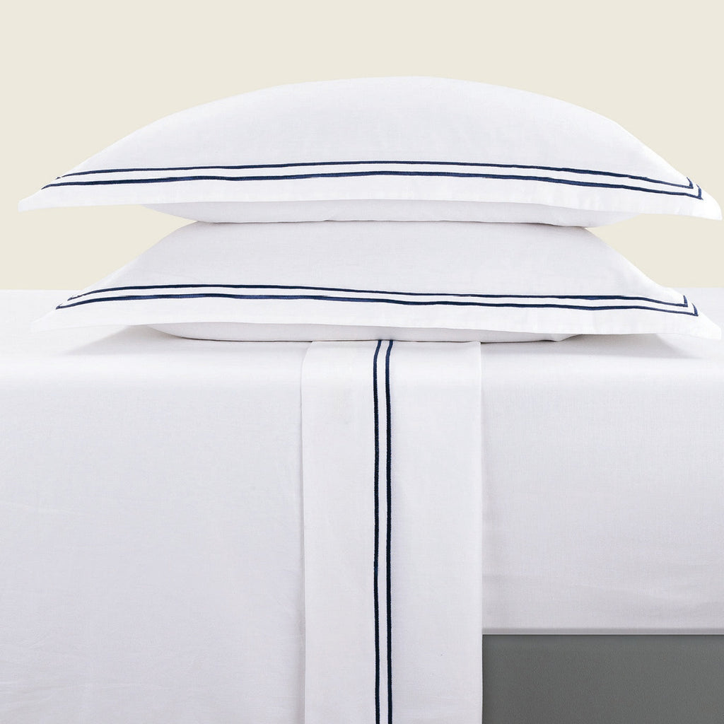 Biarritz - Ensemble De Draps - Satin De Coton - Bleu Fonce / Blanc