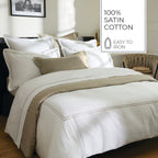 Biarritz - Housse De Couette + 1 Ou 2 Taie(S) D'Oreiller - Satin De Coton - Taupe / Blanc